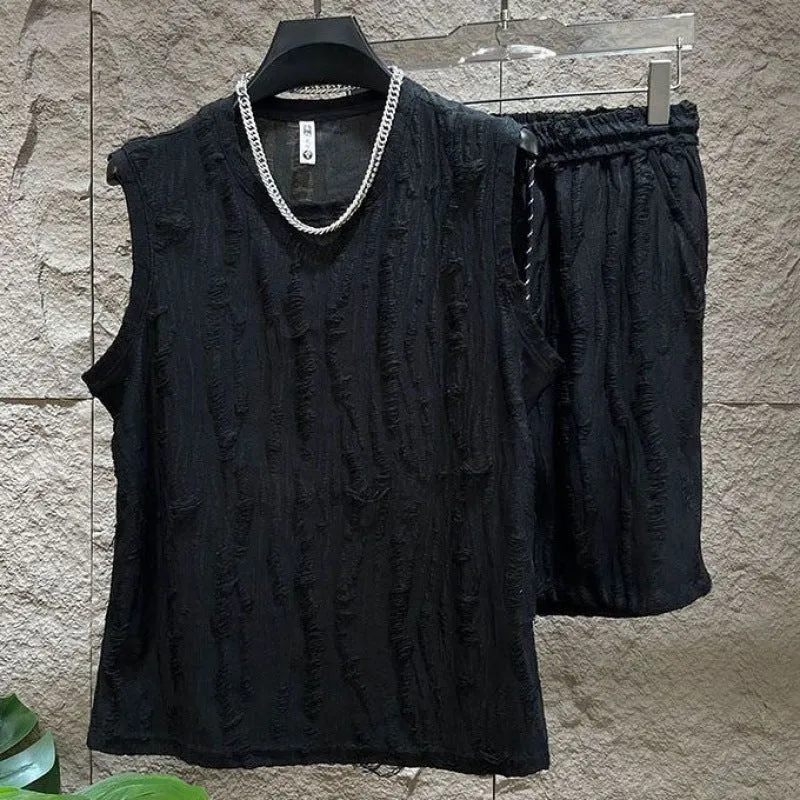 Men's black polyester vest suit set with sleeveless top and matching trousers for smart casual wear