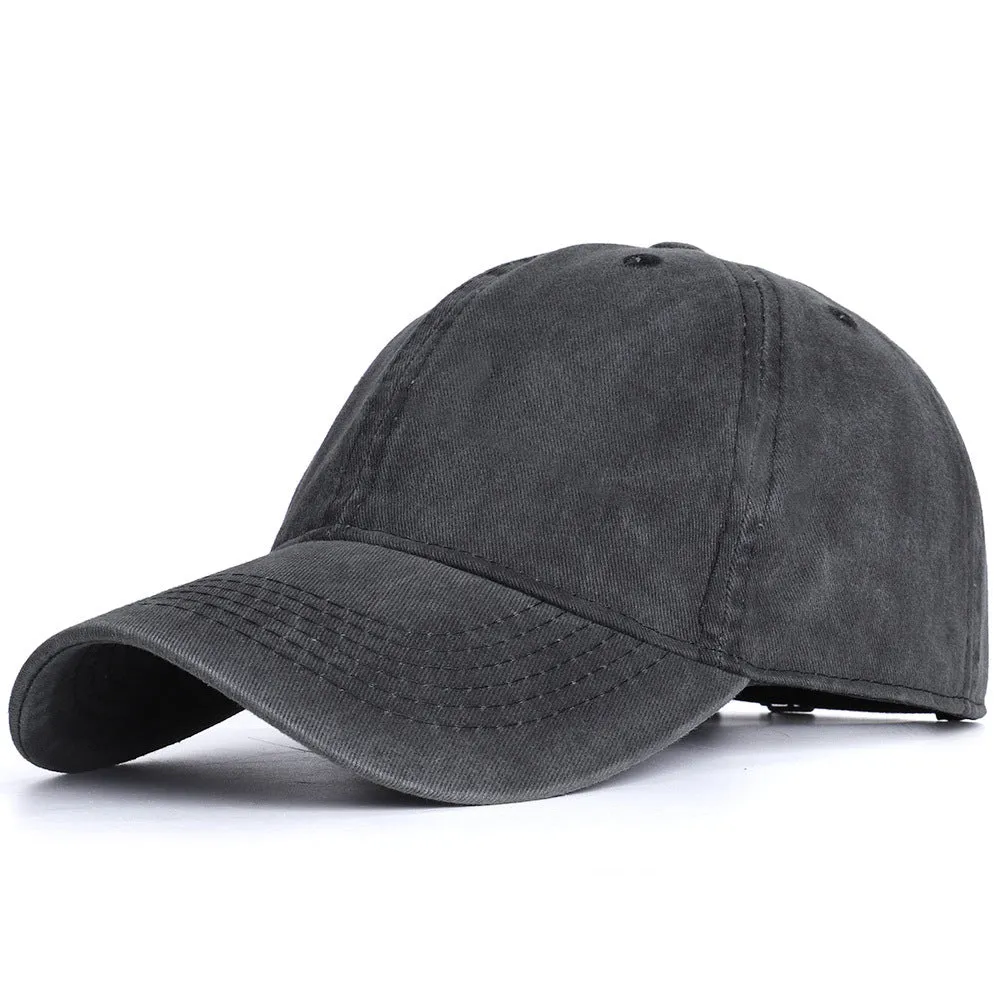 Washed cotton baseball cap in retro style with dome top and curved brim, adjustable 55-60cm