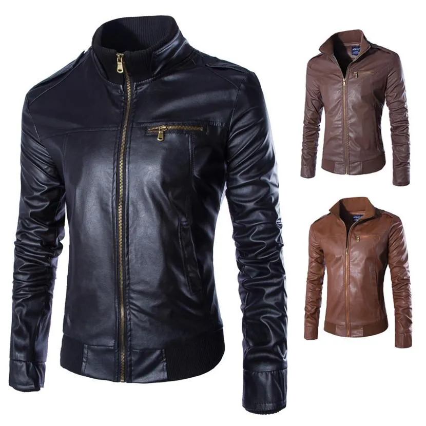 Motorcycle leather jacket for men in black faux leather with front zip closure
