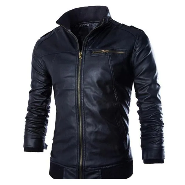 Motorcycle leather jacket for men in black faux leather with front zip closure