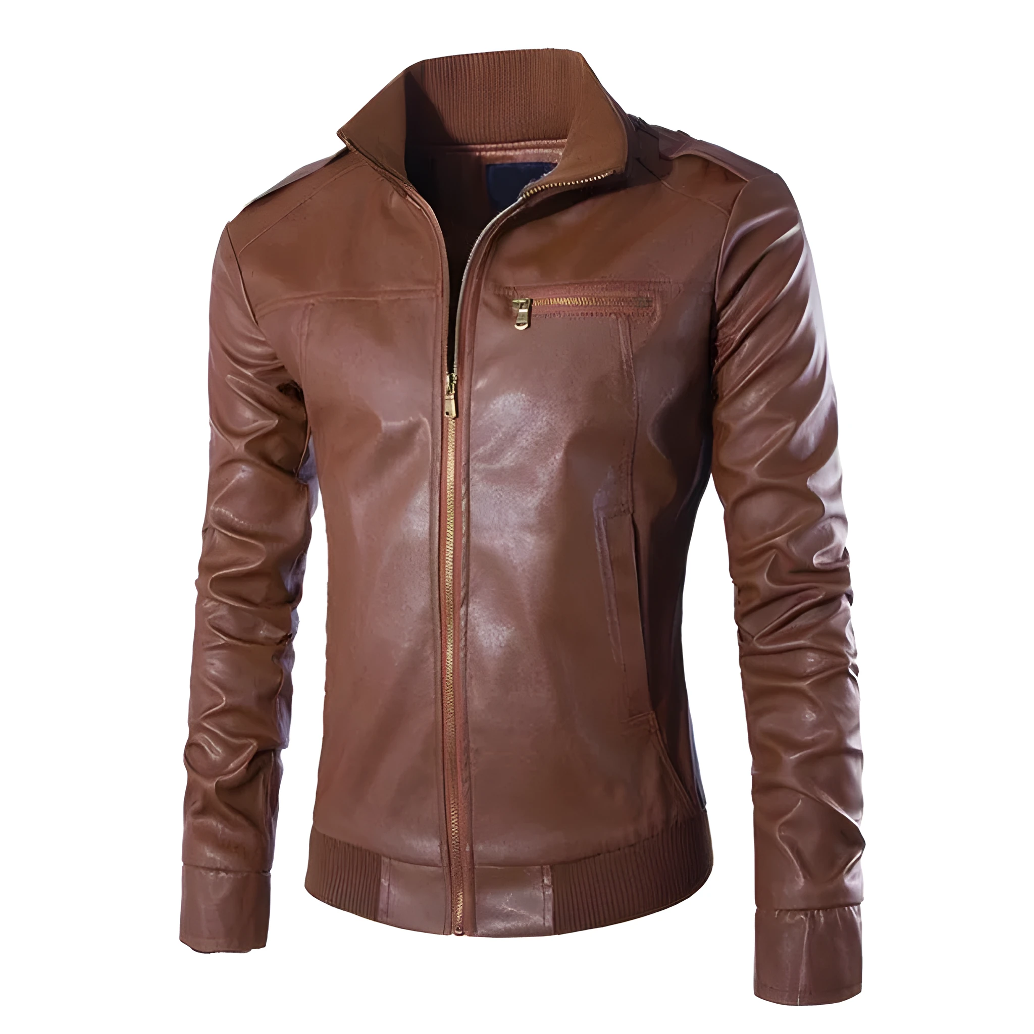 Motorcycle leather jacket for men in black faux leather with front zip closure