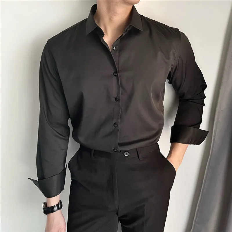 Men's slim fit Korean-style cardigan shirt in solid colour, available in dark grey, black, or white.