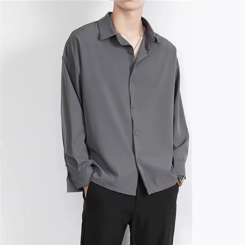 Men's slim fit Korean-style cardigan shirt in solid colour, available in dark grey, black, or white.