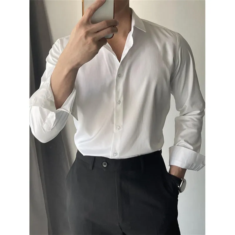 Men's slim fit Korean-style cardigan shirt in solid colour, available in dark grey, black, or white.