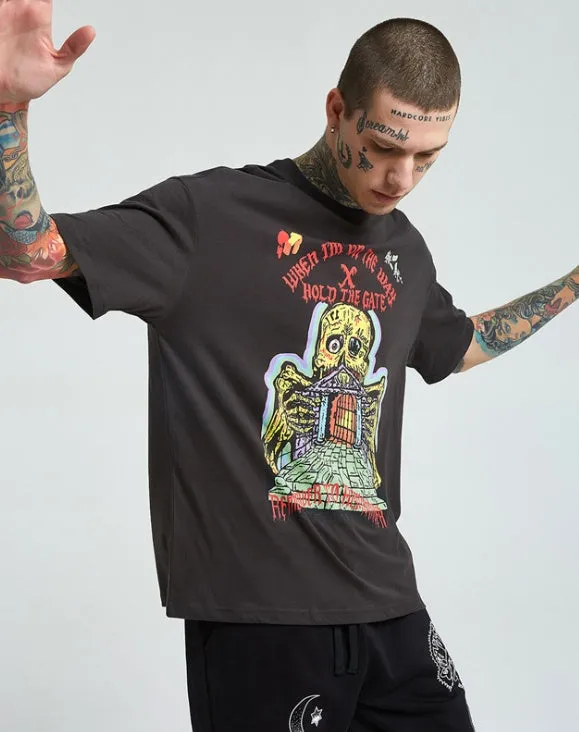 ARTIE men's frayed printed short sleeve t-shirt in dark grey, round neck, loose fit, cotton fabric