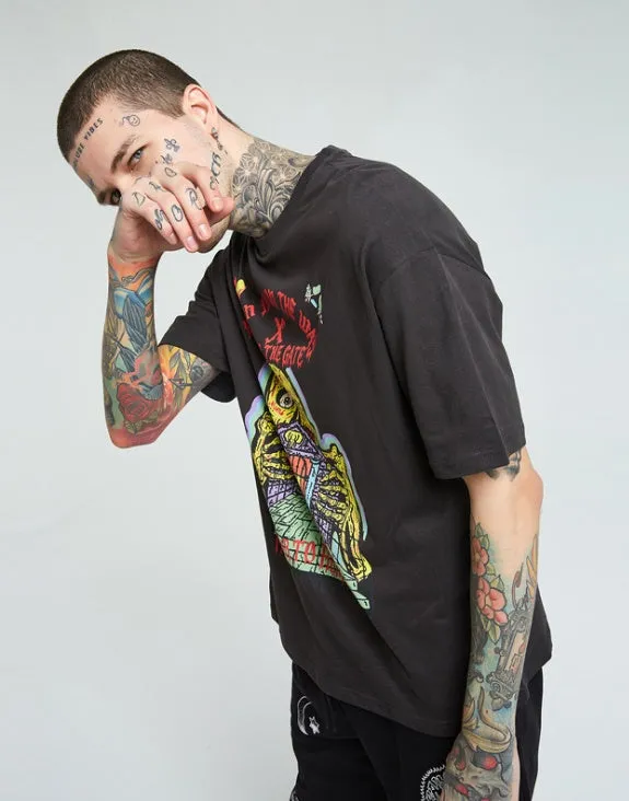 ARTIE men's frayed printed short sleeve t-shirt in dark grey, round neck, loose fit, cotton fabric