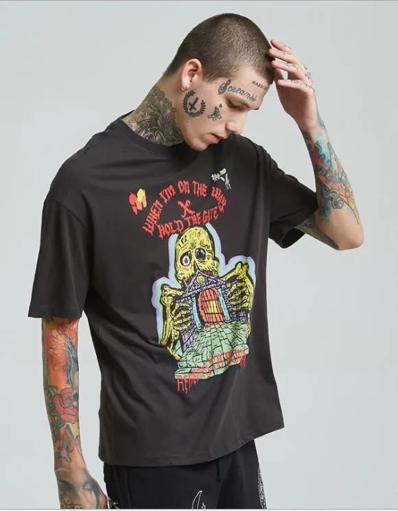ARTIE men's frayed printed short sleeve t-shirt in dark grey, round neck, loose fit, cotton fabric