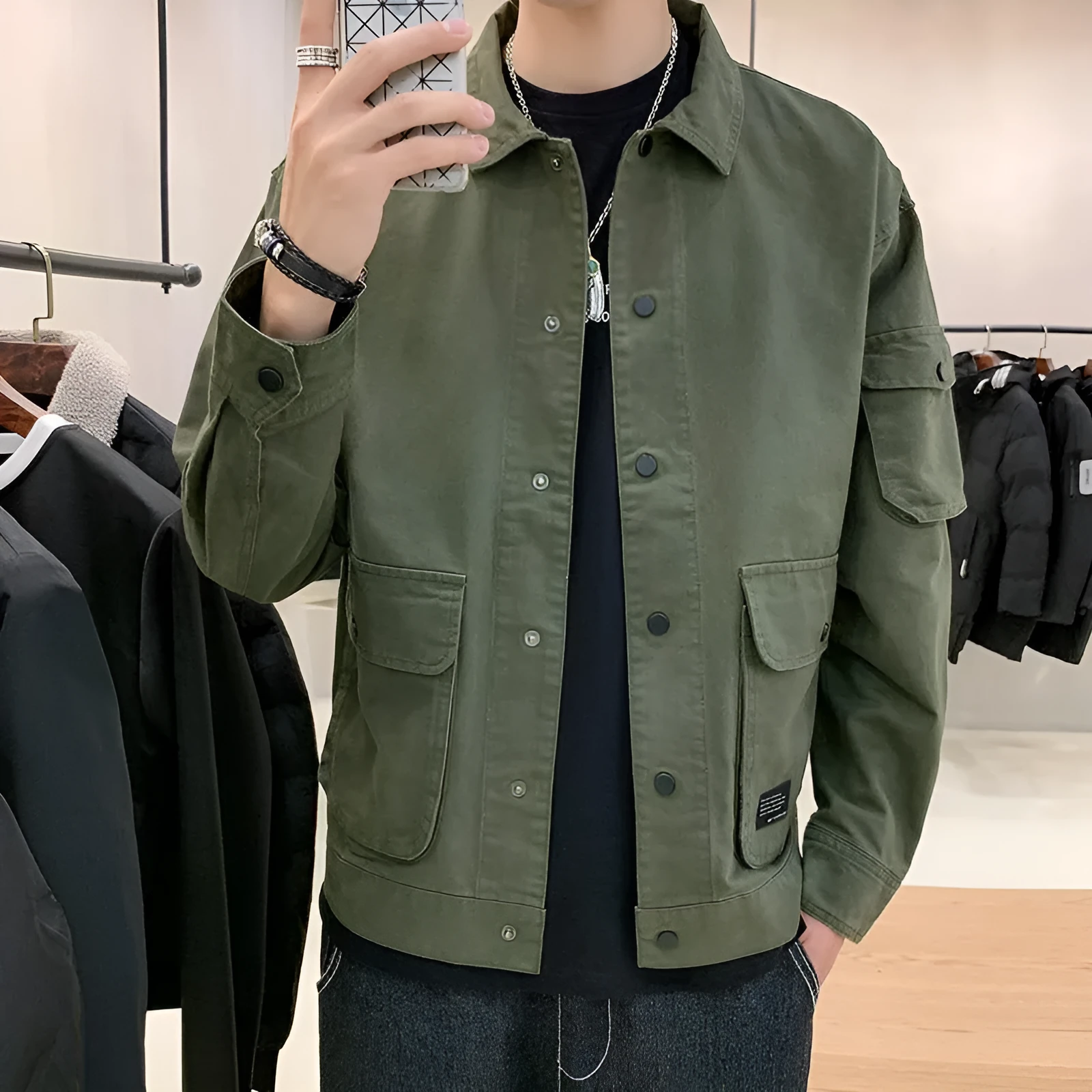 Men's autumn coat with lapel collar in army green, loose fit polyester-vinylon blend, front view