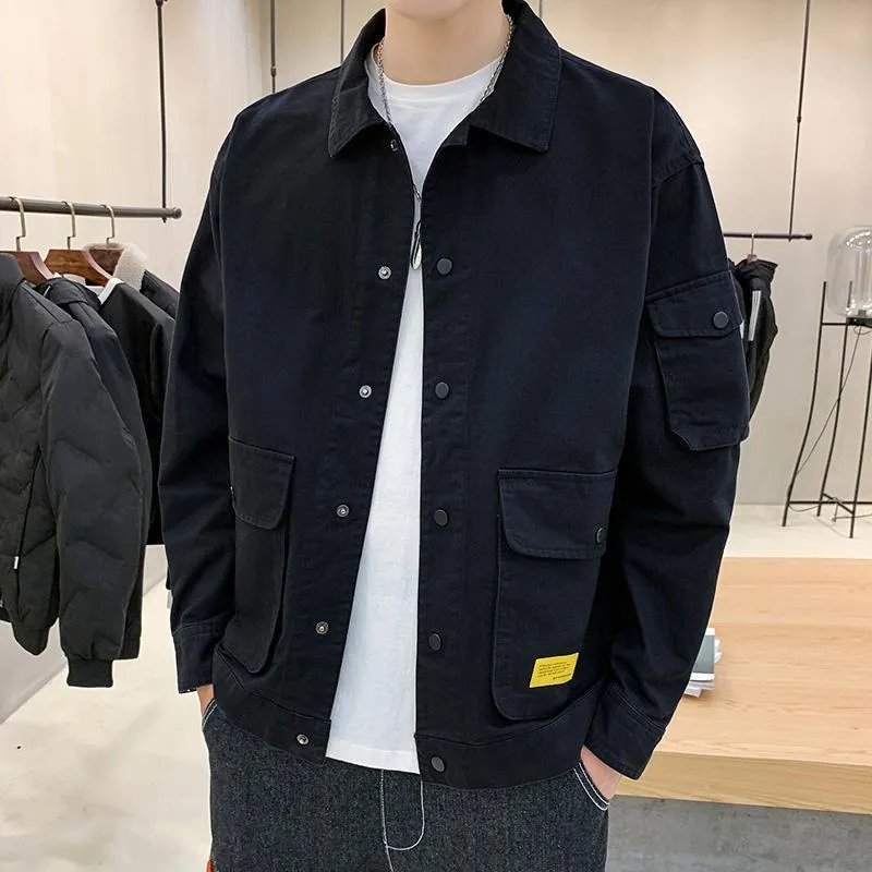 Men's autumn coat with lapel collar in army green, loose fit polyester-vinylon blend, front view