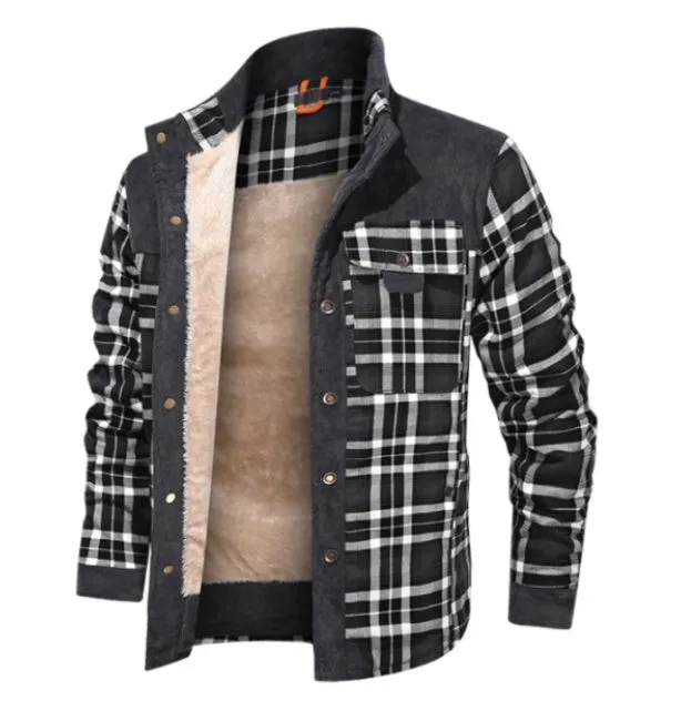 Men's wool thick coat jacket in black white grid pattern, cotton, with single breasted button closure