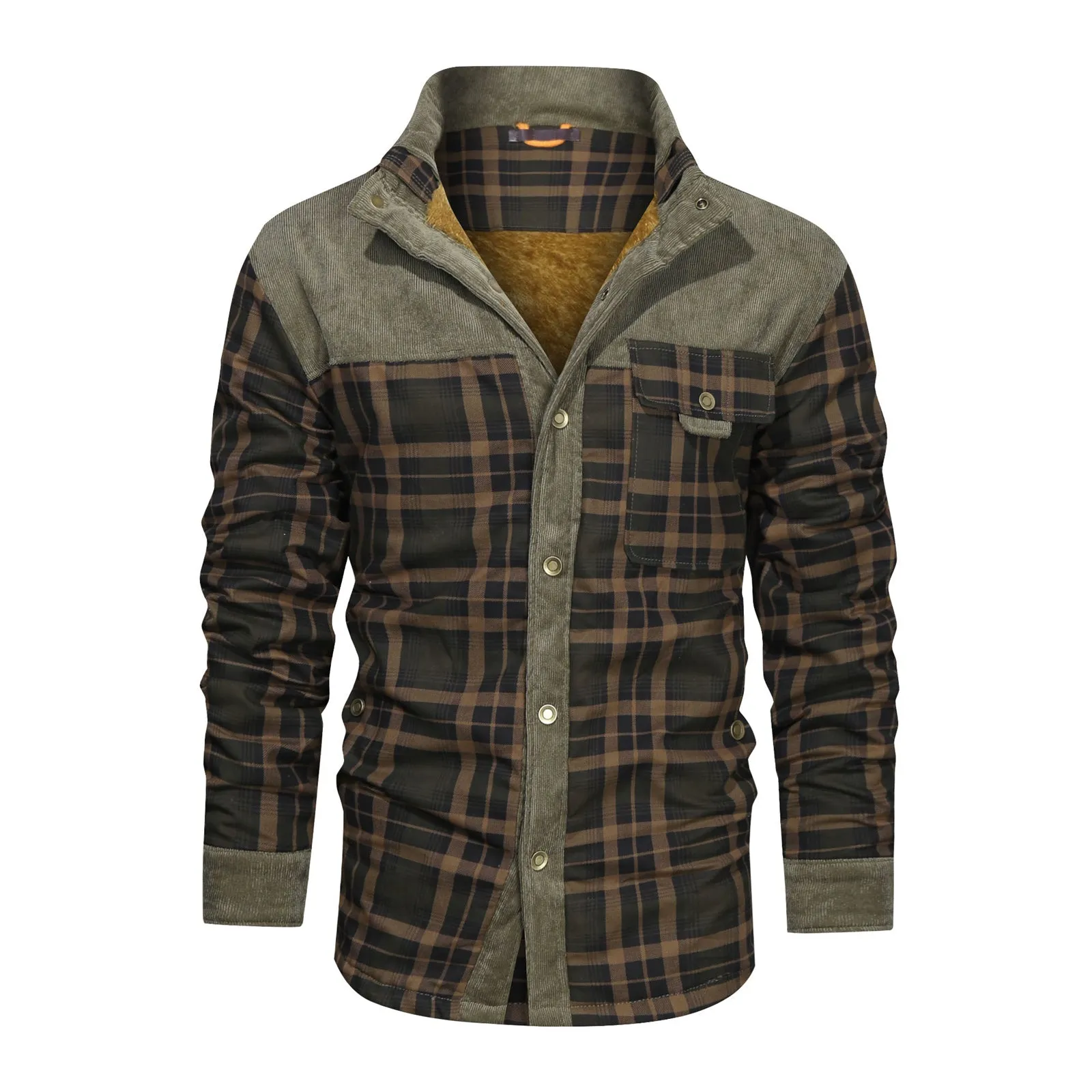 Men's wool thick coat jacket in black white grid pattern, cotton, with single breasted button closure