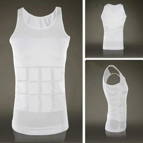 Men body shaper vest in black side view showing U-neck and form-fitting compression fabric