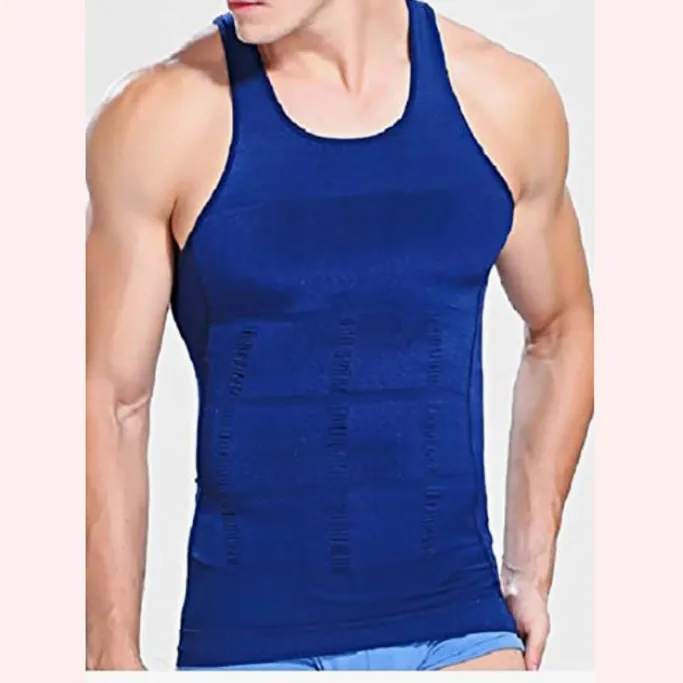 Men body shaper vest in black side view showing U-neck and form-fitting compression fabric