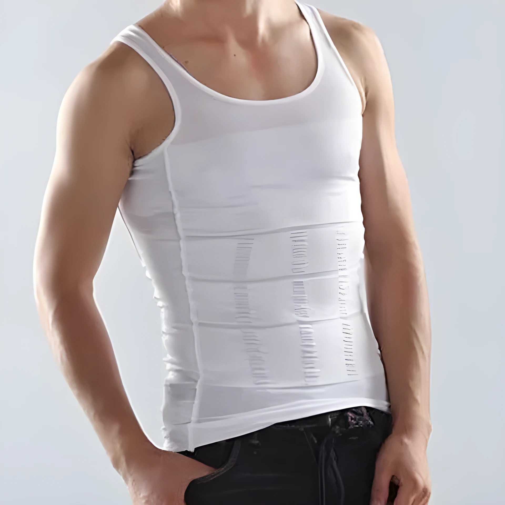 Men body shaper vest in black side view showing U-neck and form-fitting compression fabric