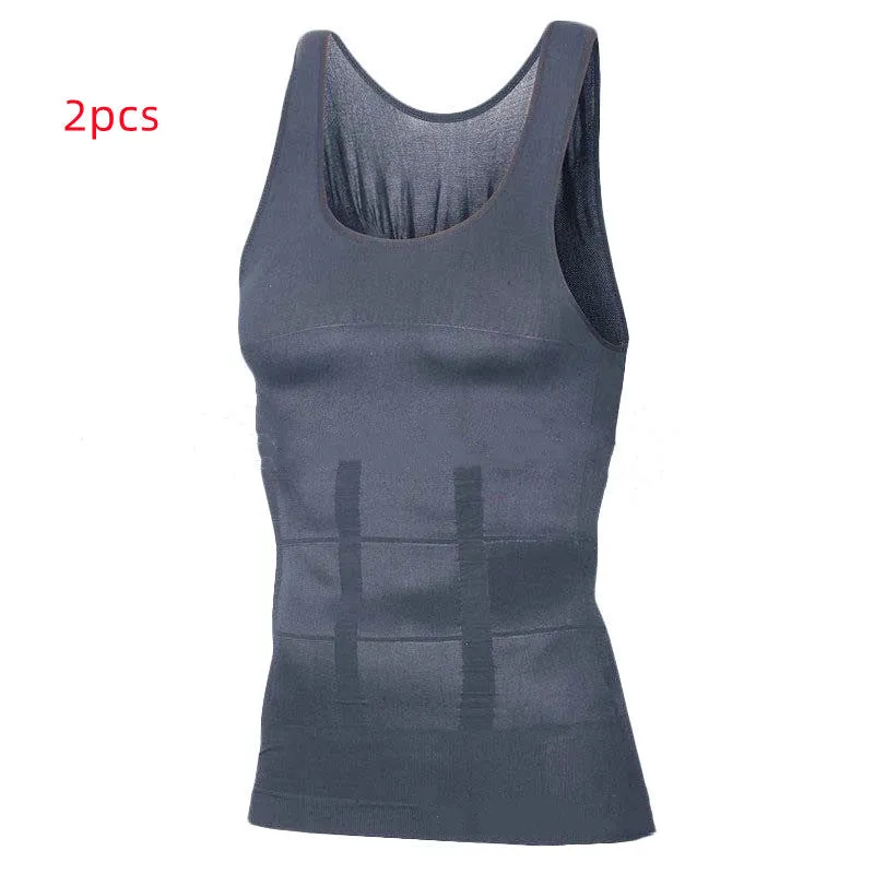 Men body shaper vest in black side view showing U-neck and form-fitting compression fabric
