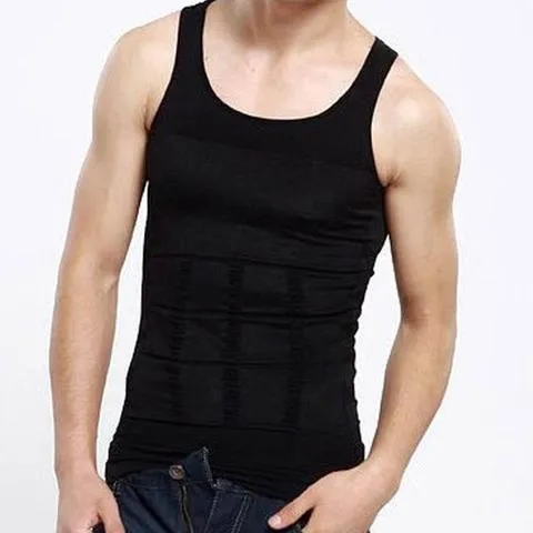 Men body shaper vest in black side view showing U-neck and form-fitting compression fabric