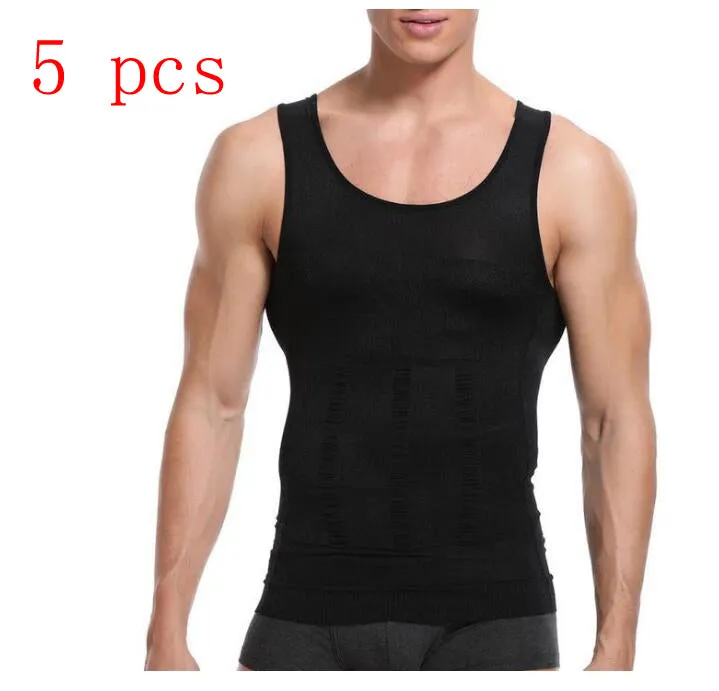 Men body shaper vest in black side view showing U-neck and form-fitting compression fabric