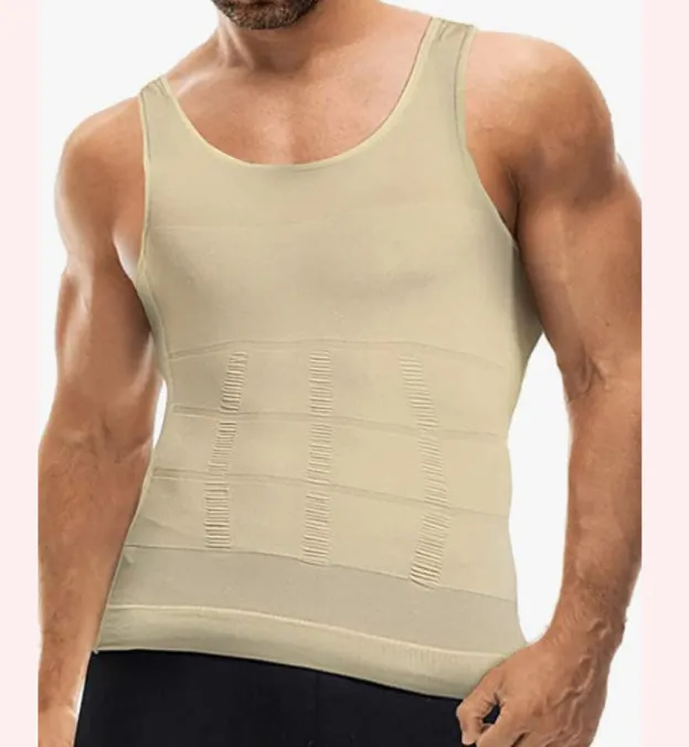 Men body shaper vest in black side view showing U-neck and form-fitting compression fabric