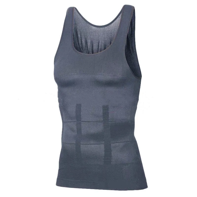 Men body shaper vest in black side view showing U-neck and form-fitting compression fabric