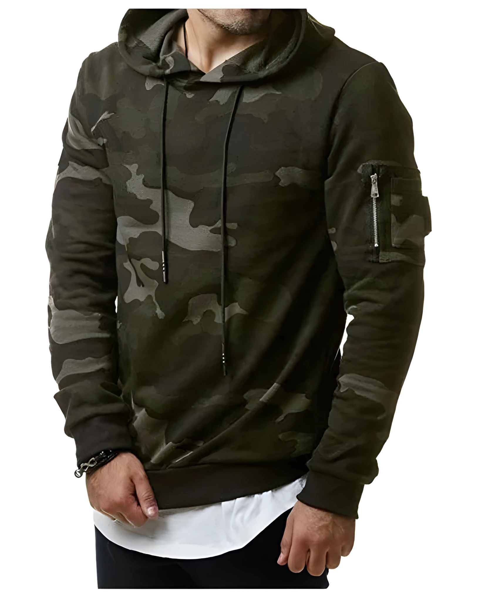 Men's camouflage hoodie in green with belt closure, full sleeves, and hood, casual fit.