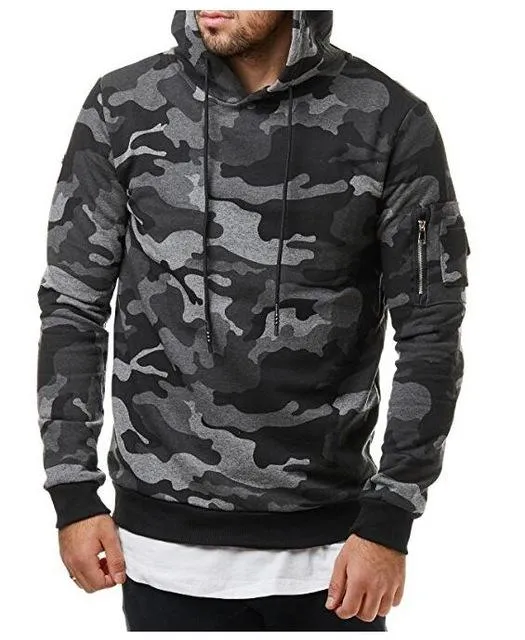 Men's camouflage hoodie in green with belt closure, full sleeves, and hood, casual fit.