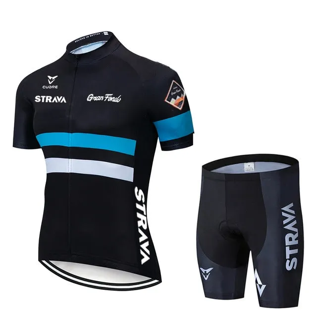 Men's summer cycling jersey and bib short set in blue, made from quick-dry polyester with COOLMAX gel pad