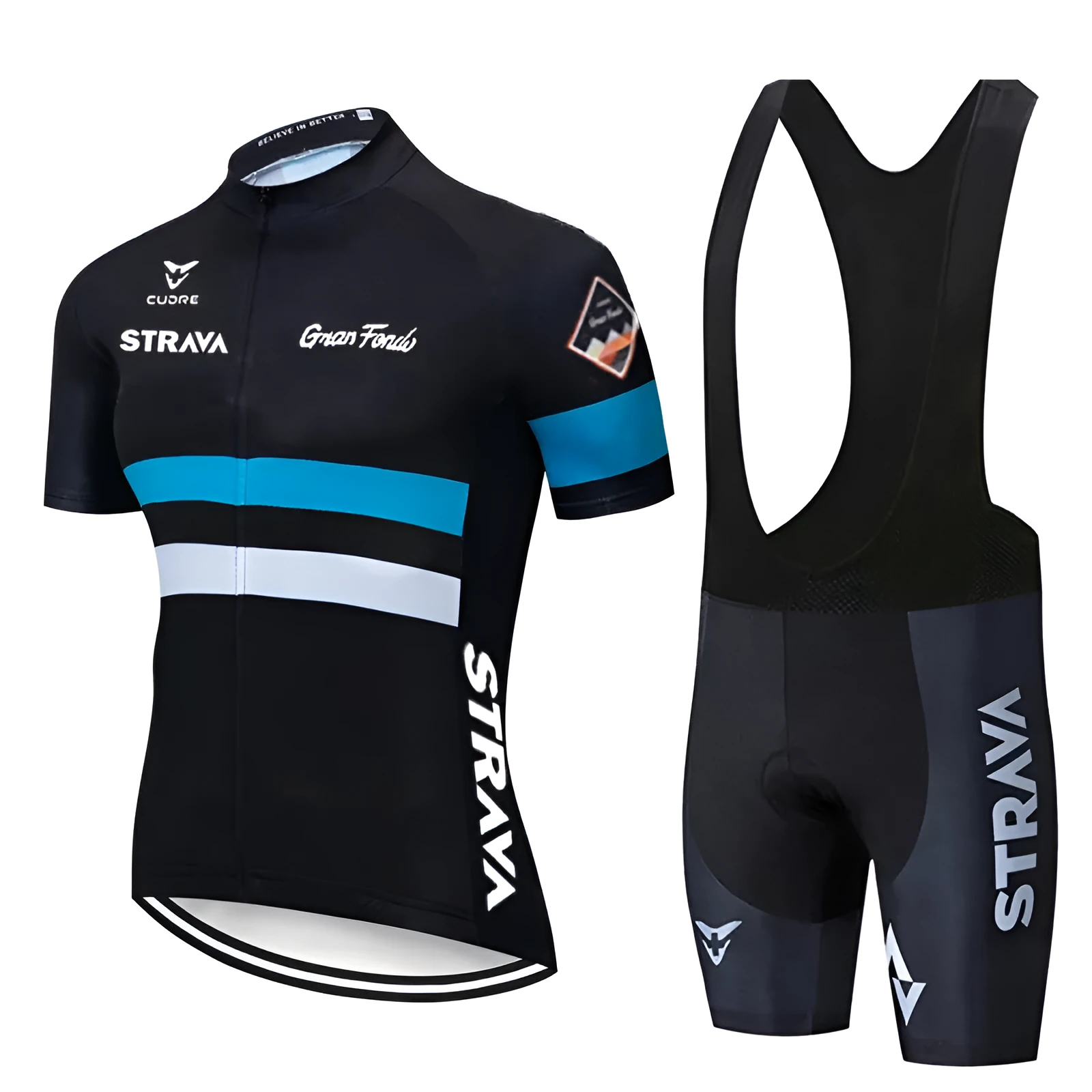 Men's summer cycling jersey and bib short set in blue, made from quick-dry polyester with COOLMAX gel pad