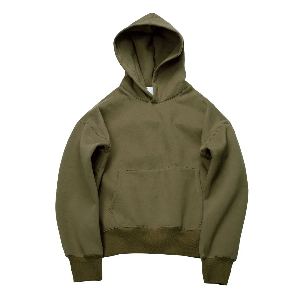 Cotton hoodie with lapel collar in Army Green, size M, front view on a white background