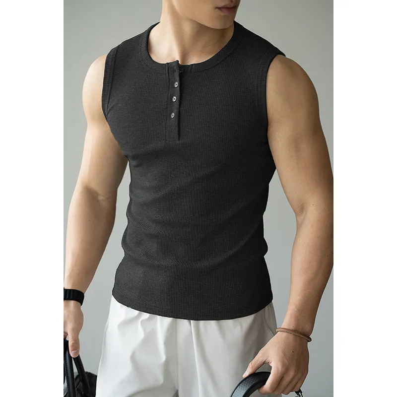Four-sided stretch sunken stripe fitness vest in black, front view, straight hem, cotton-spandex-polyester blend