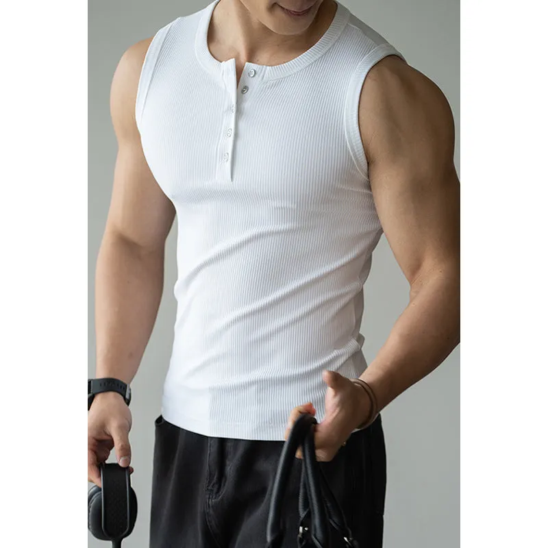 Four-sided stretch sunken stripe fitness vest in black, front view, straight hem, cotton-spandex-polyester blend