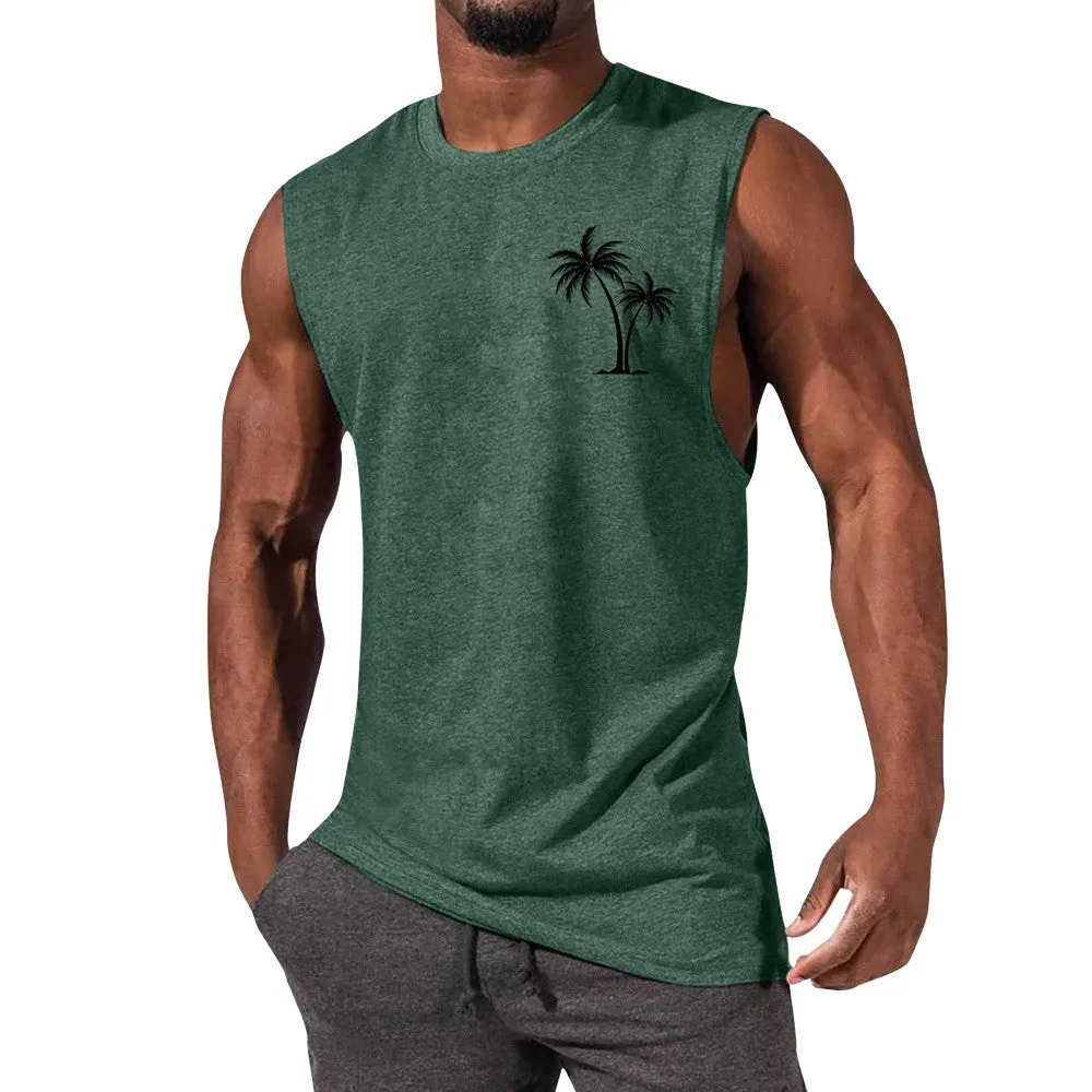 Coconut tree embroidery vest tank top for men in multiple colours including white, black, grey, and fluorescent green