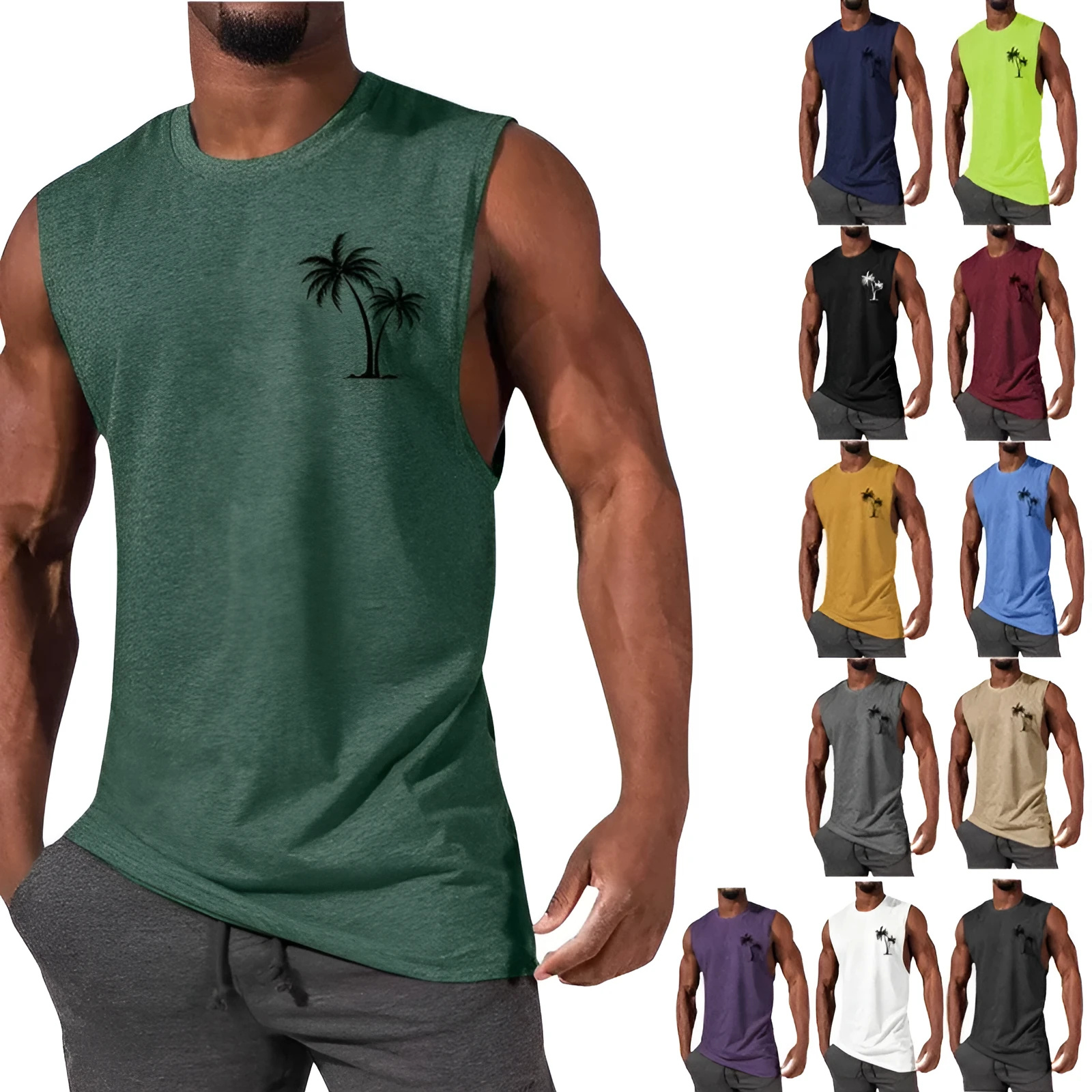 Coconut tree embroidery vest tank top for men in multiple colours including white, black, grey, and fluorescent green