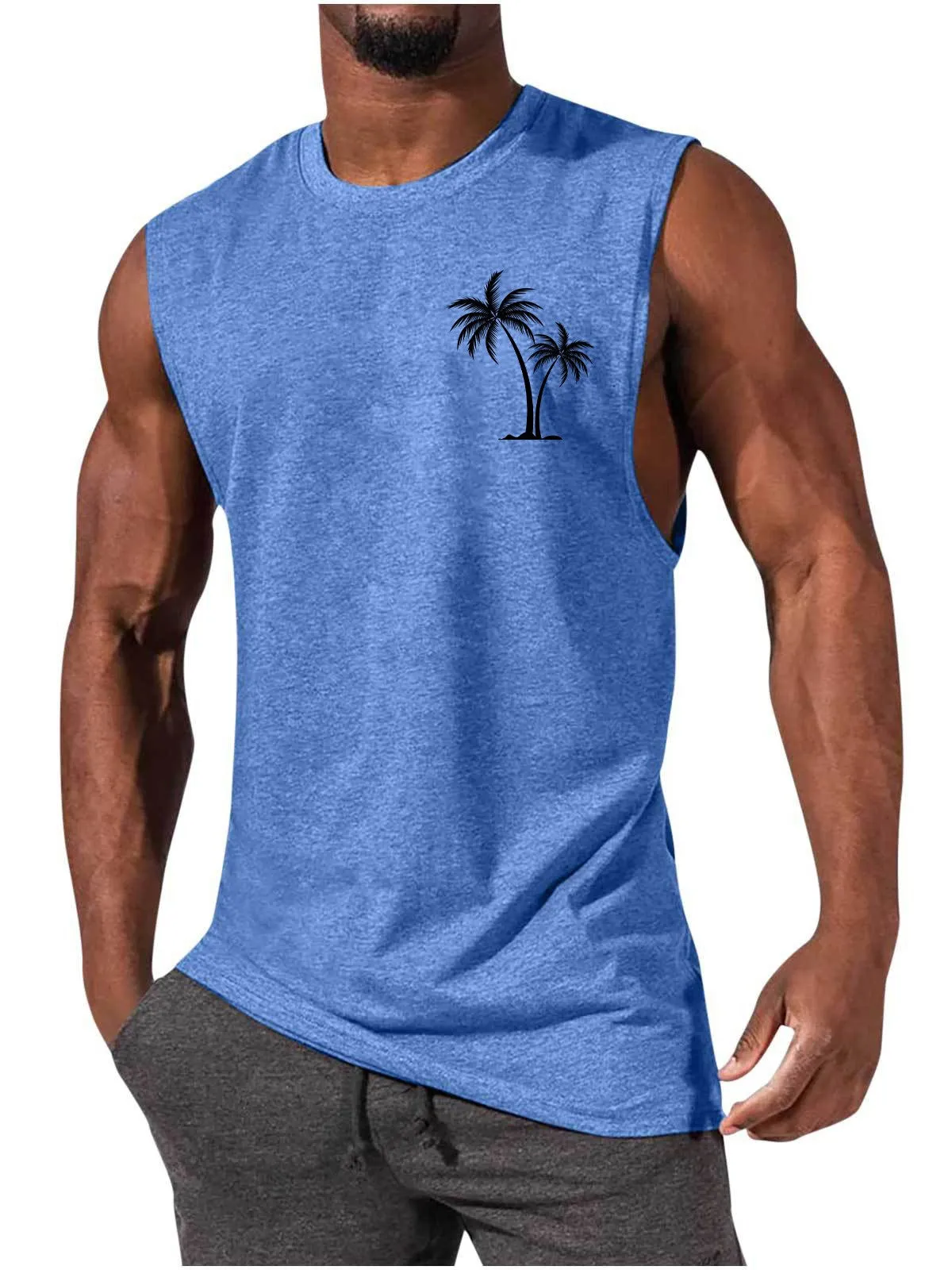Coconut tree embroidery vest tank top for men in multiple colours including white, black, grey, and fluorescent green