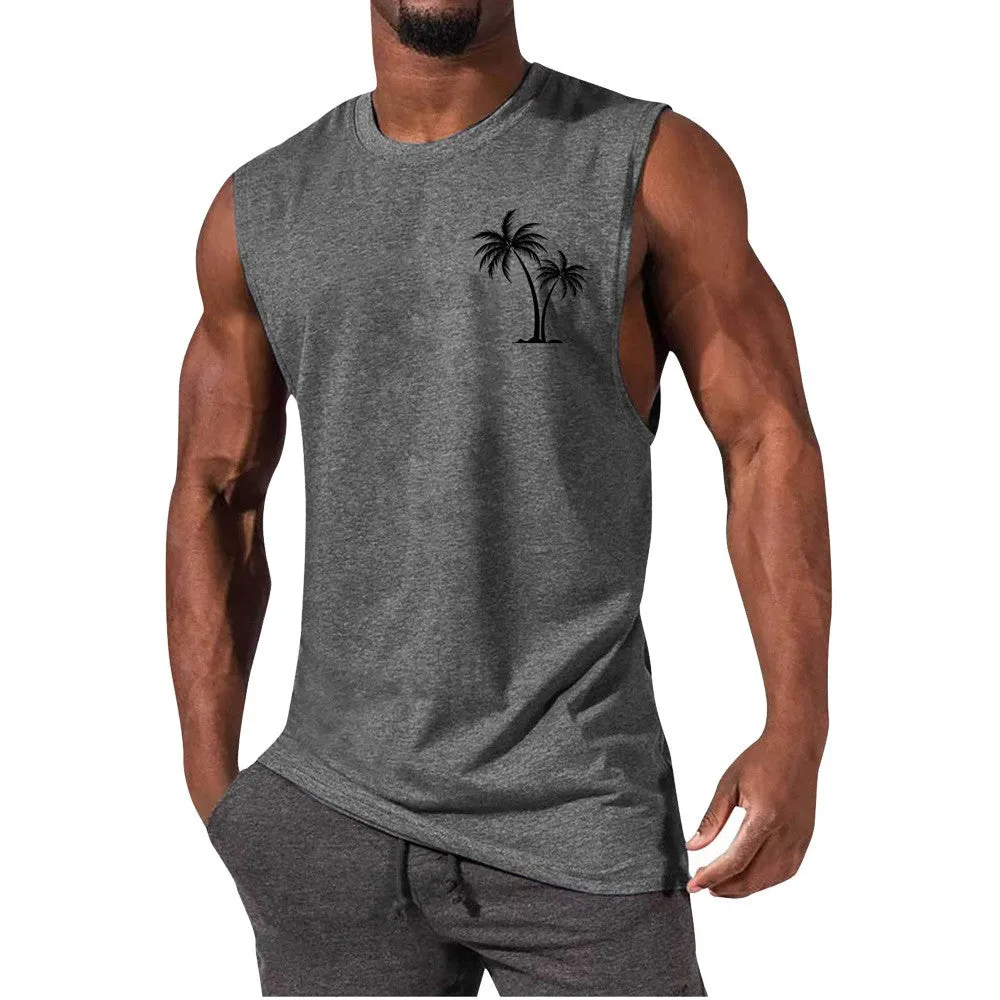 Coconut tree embroidery vest tank top for men in multiple colours including white, black, grey, and fluorescent green
