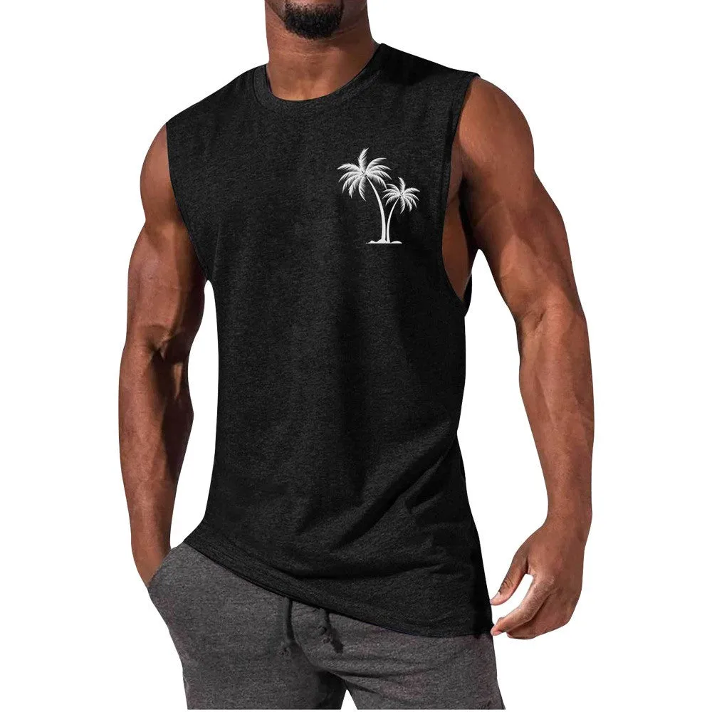 Coconut tree embroidery vest tank top for men in multiple colours including white, black, grey, and fluorescent green