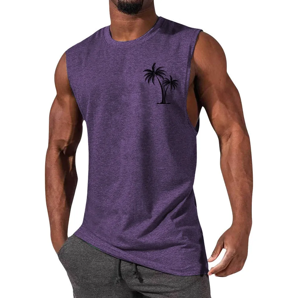 Coconut tree embroidery vest tank top for men in multiple colours including white, black, grey, and fluorescent green