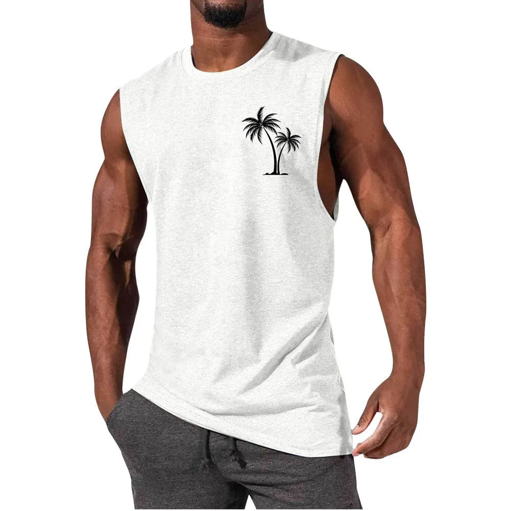 Coconut tree embroidery vest tank top for men in multiple colours including white, black, grey, and fluorescent green