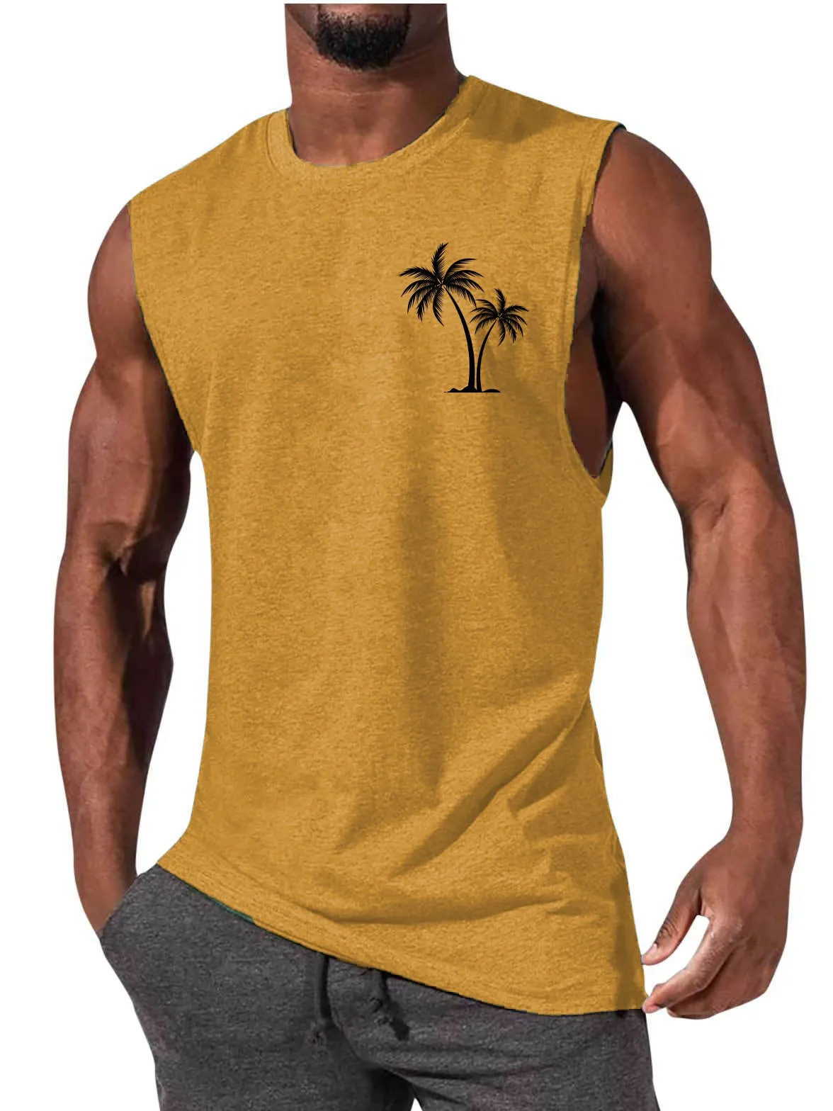 Coconut tree embroidery vest tank top for men in multiple colours including white, black, grey, and fluorescent green