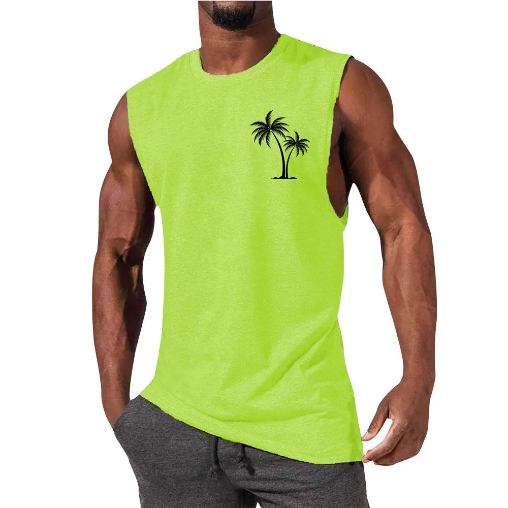 Coconut tree embroidery vest tank top for men in multiple colours including white, black, grey, and fluorescent green