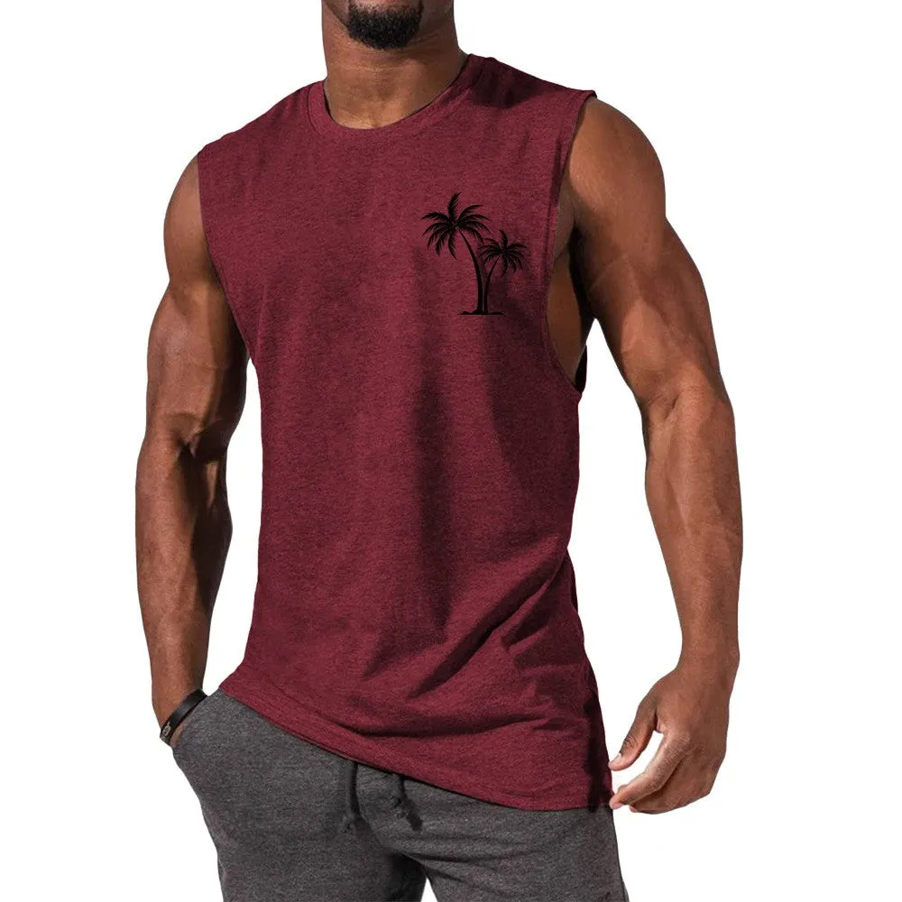 Coconut tree embroidery vest tank top for men in multiple colours including white, black, grey, and fluorescent green