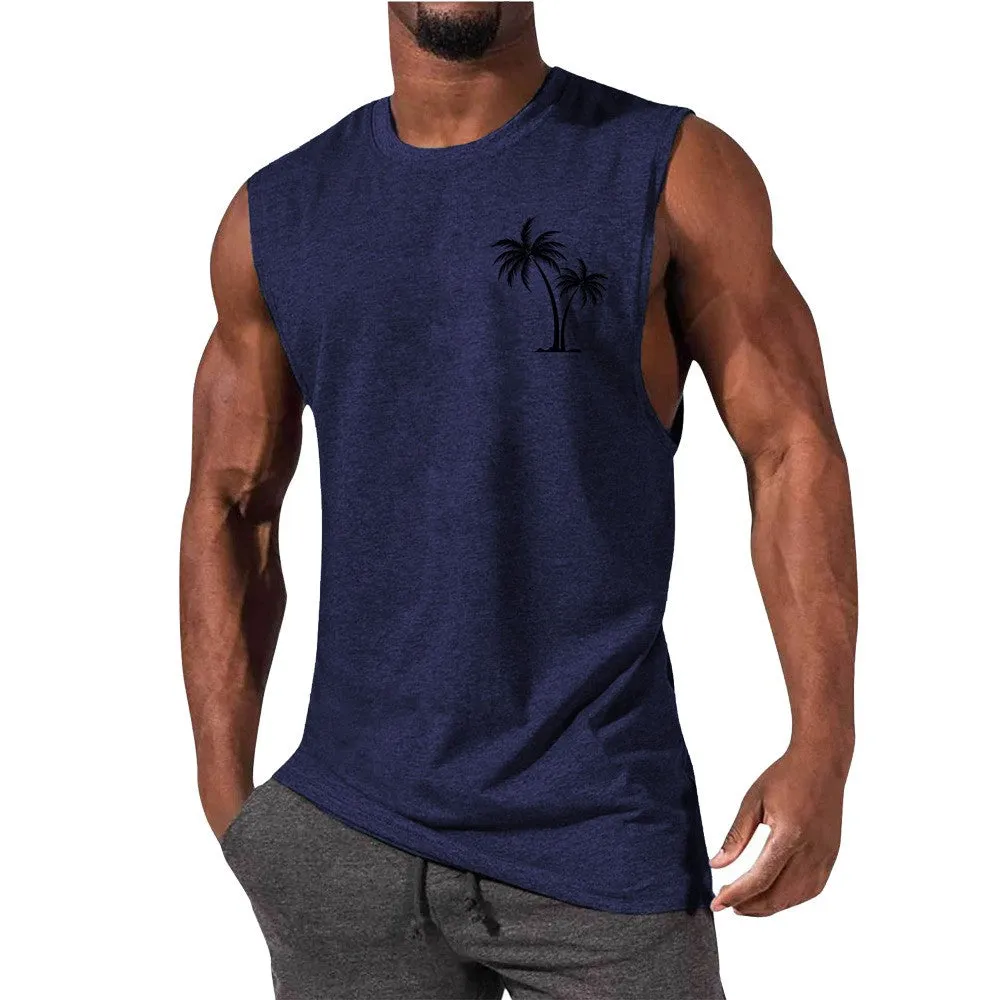 Coconut tree embroidery vest tank top for men in multiple colours including white, black, grey, and fluorescent green