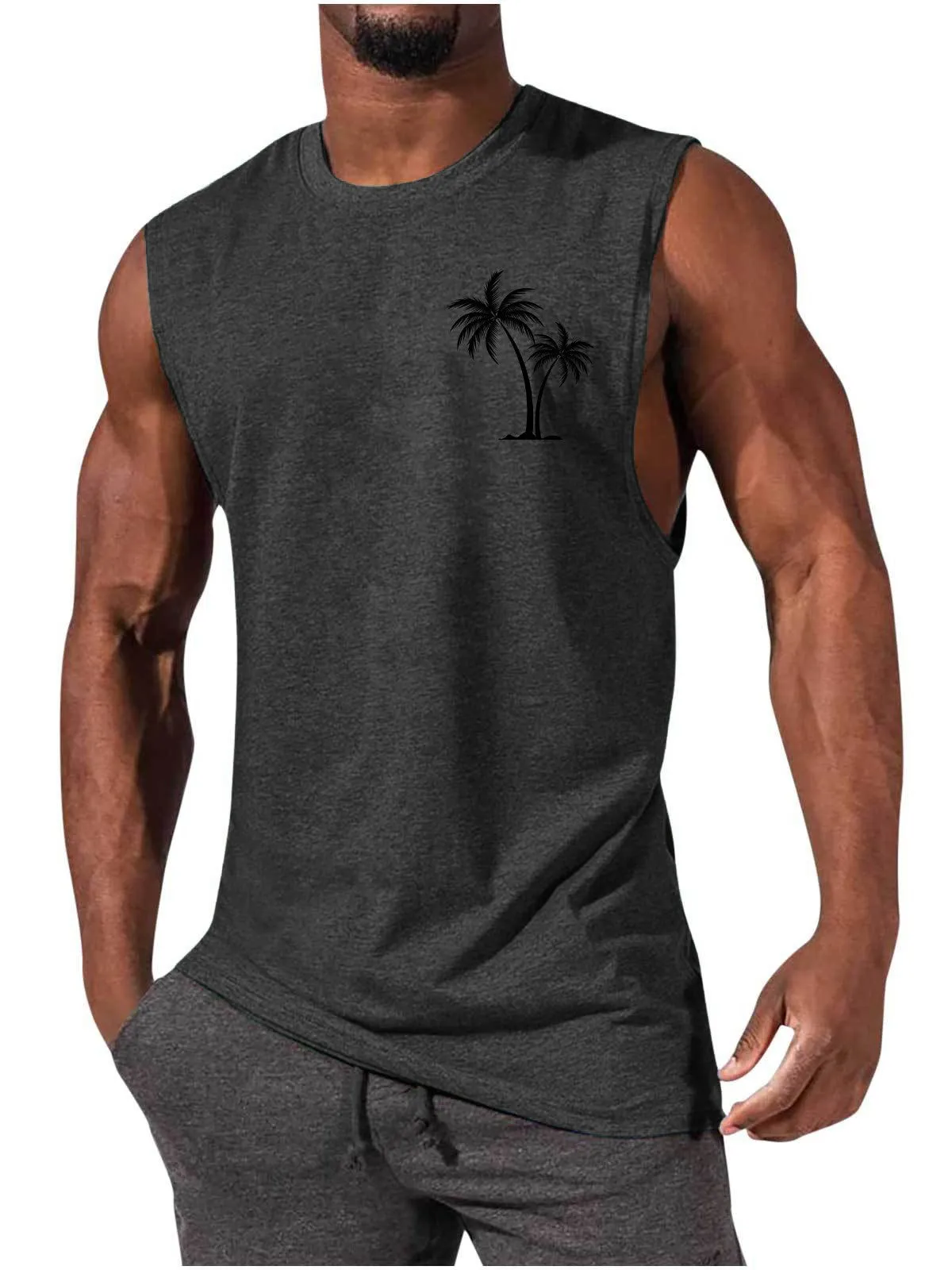 Coconut tree embroidery vest tank top for men in multiple colours including white, black, grey, and fluorescent green