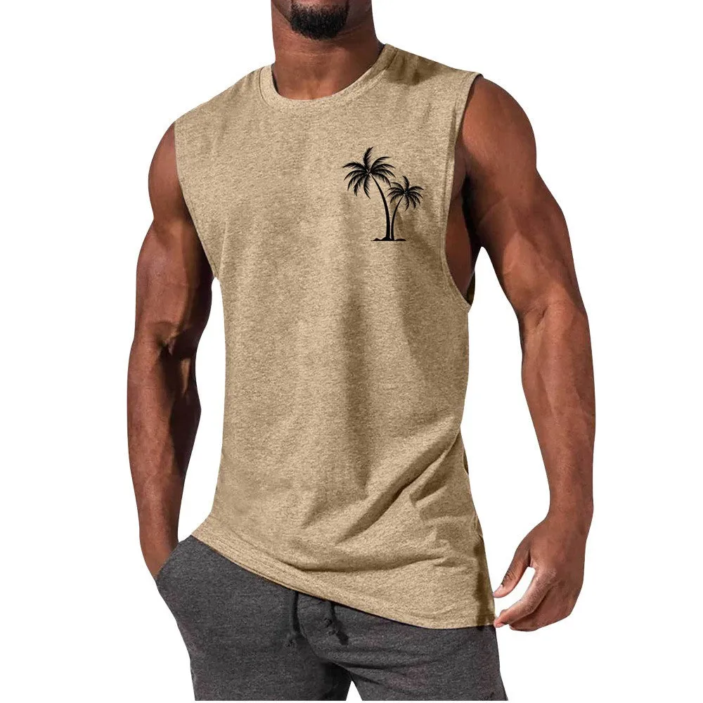 Coconut tree embroidery vest tank top for men in multiple colours including white, black, grey, and fluorescent green