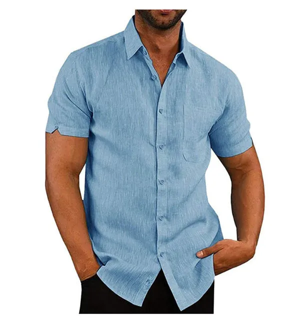 Men short sleeve summer solid shirt cardigan style high collar drop shoulder bleu colour