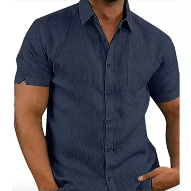 Men short sleeve summer solid shirt cardigan style high collar drop shoulder bleu colour