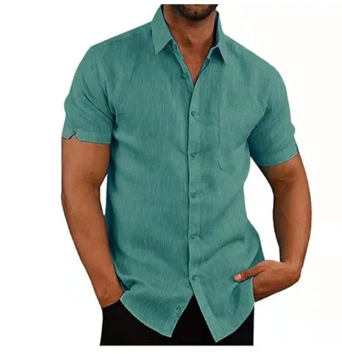 Men short sleeve summer solid shirt cardigan style high collar drop shoulder bleu colour