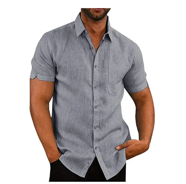 Men short sleeve summer solid shirt cardigan style high collar drop shoulder bleu colour