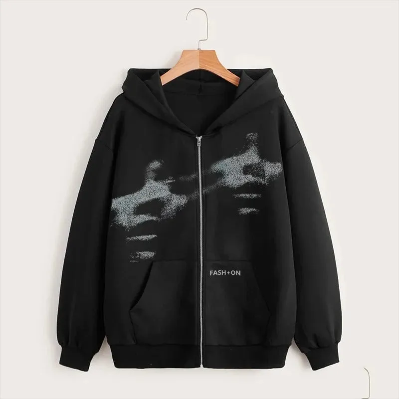 Unisex Y2K black zip hoodie with loose fit and attached hood, Korean streetwear style for teenagers