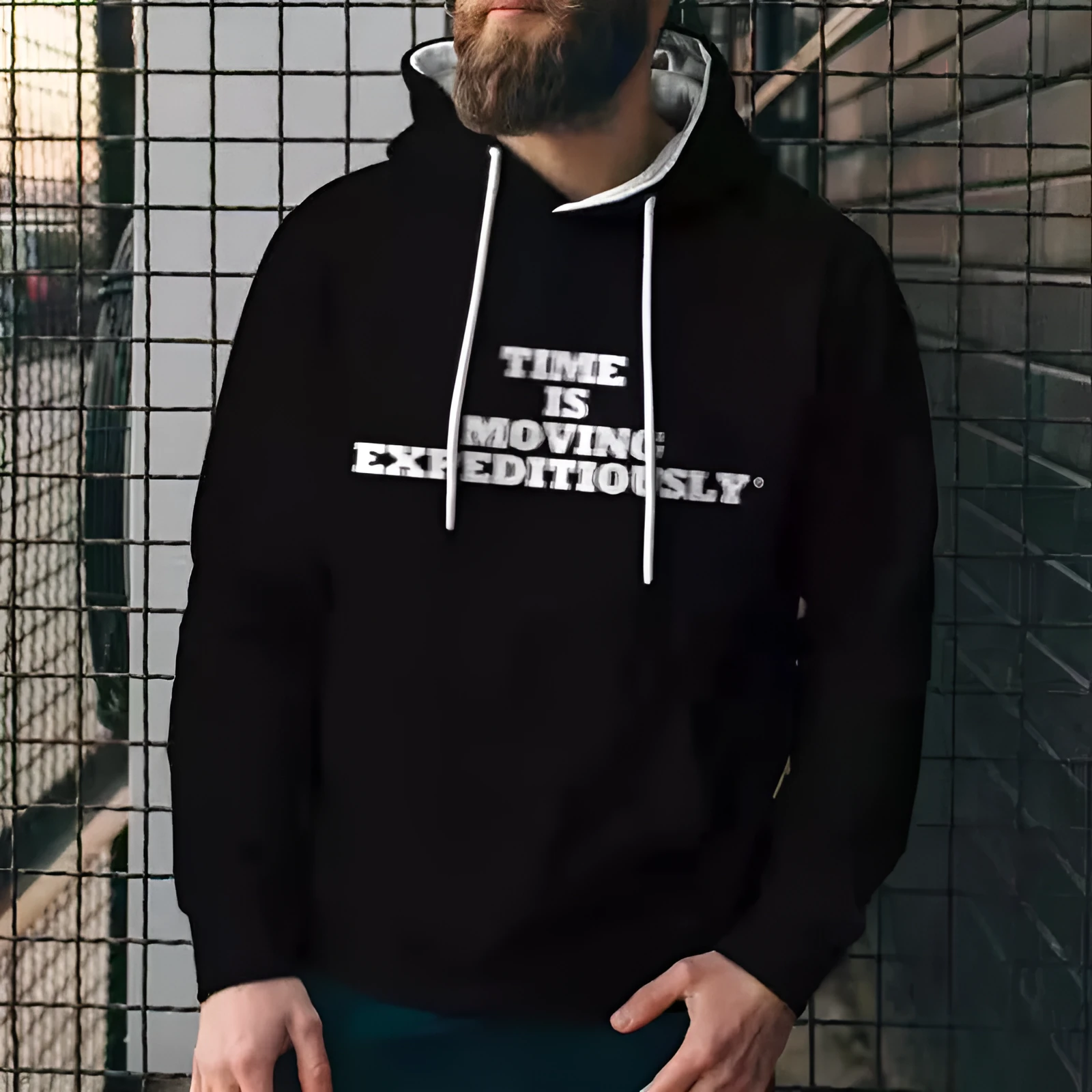 Men's solid colour polyester hoodie with 3D print, loose fit, round neck, long sleeves in black