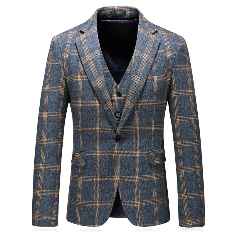 Men's yellow check three-piece business wedding suit set with vest, trousers, and coat